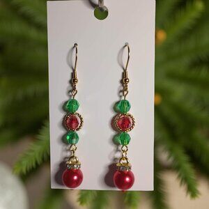 Red and Green Christmas Ball Long Dangle Earrings